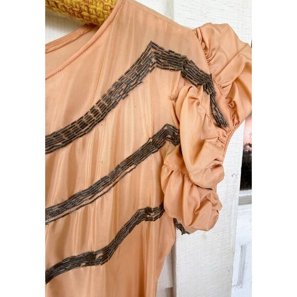 Antique 30's Peach Taffeta Satin Beaded Ruffled Dress AS IS TLC Size XS/S - Picture 9 of 16